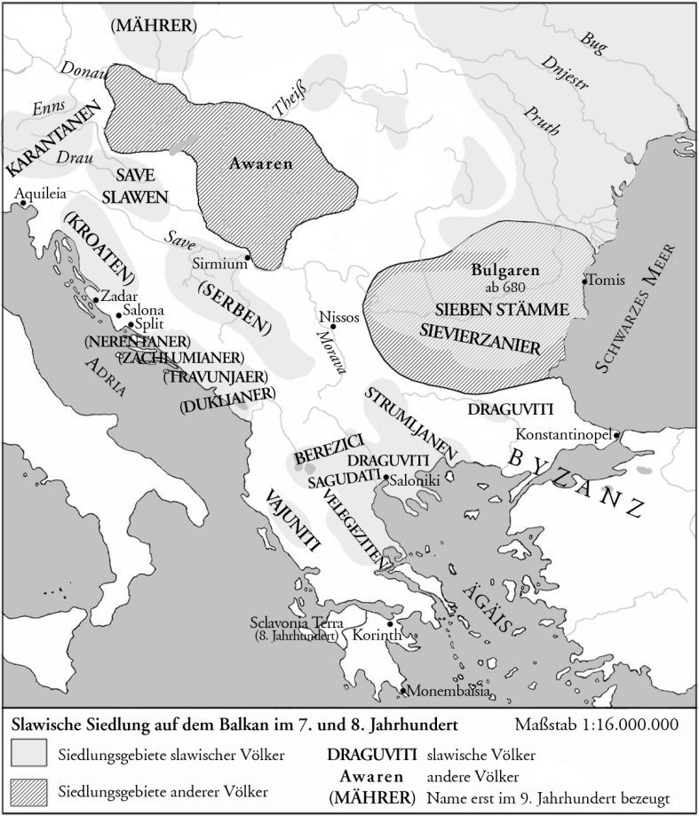 Славяне на Балканах в 7 веке по В. Полю (W. Pohl). Ипотештинская и попинская культуры объединены в один анклав