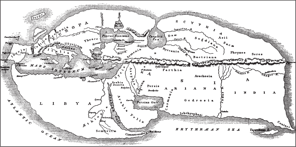 Карта мира по Страбону. Обратите внимание на форму Каспийского моря 