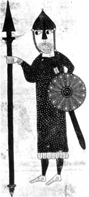 Готский воин с копьем. Средневековая миниатюра из Испании, XII в