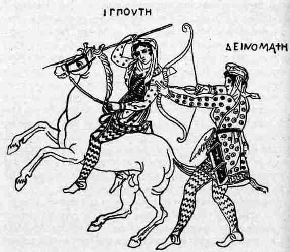 Изображение конной и пешей амазонок на греческой вазе