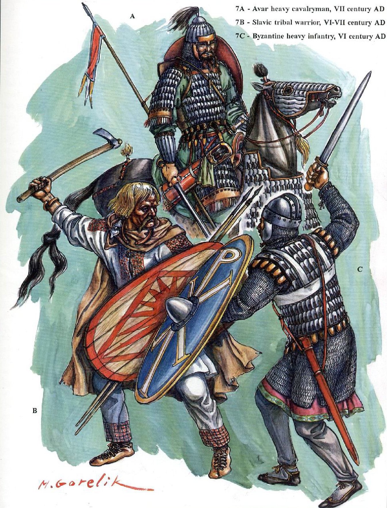 Аварский всадник и славянский пехотинец против византийского воина. Реконструкция М. Горелика