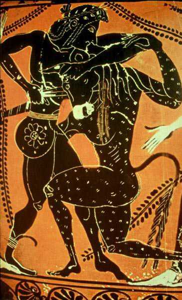 Тесей, убивающий Минотавра. Рисунок на греческой вазе