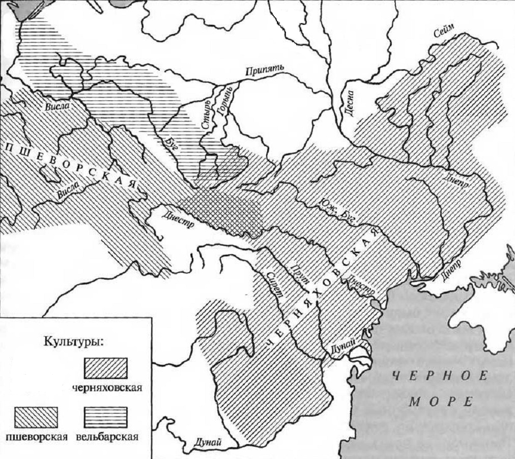 Карта археологических культур, оставленных народами, входящими в состав Готского царства