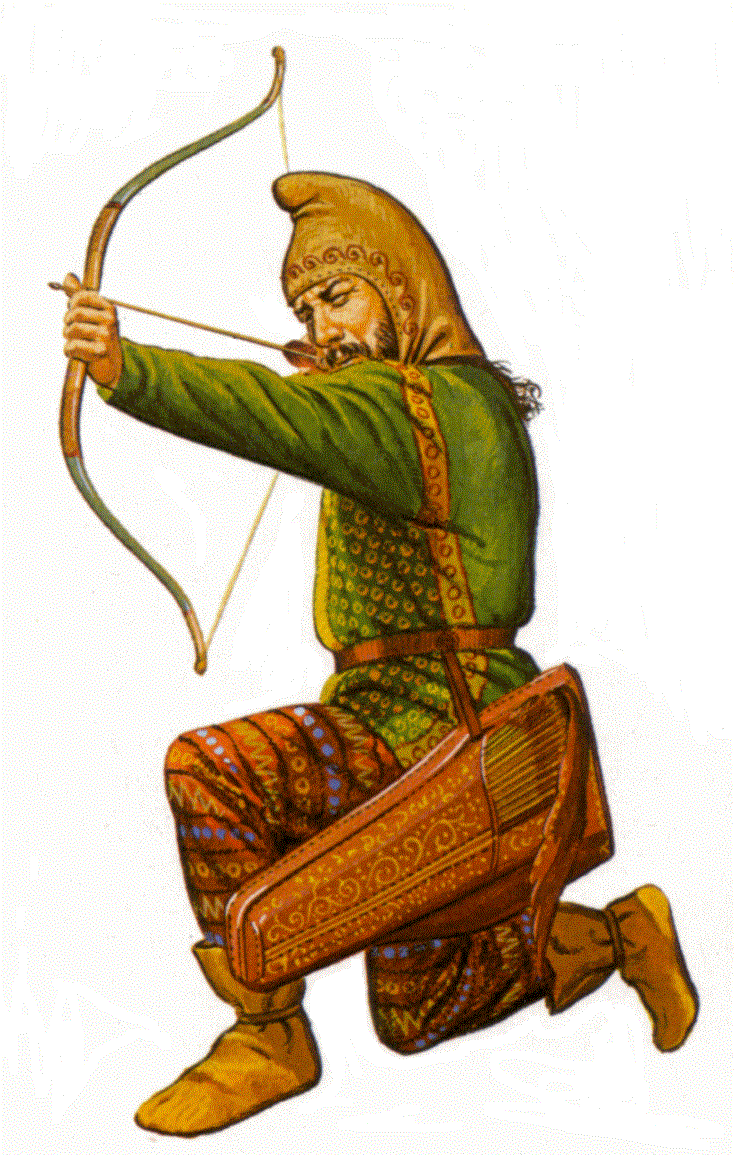 Скифский лучник с горитом, реконструкция (слева). Скиф, натягивающий лук. Изображение на электровой вазе из кургана Куль-Оба, 4 век до нашей эры (справа)