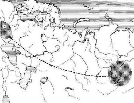 Карта из работы венгерского археолога Аттилы Киша, показывающая область первоначального жительства монголоидных вархонитов (по Полю Липтаку)