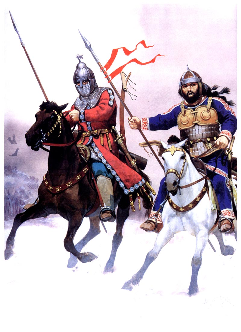Аварский тяжеловооружённый всадник (слева) и его союзник из числа булгарских вождей (справа)
